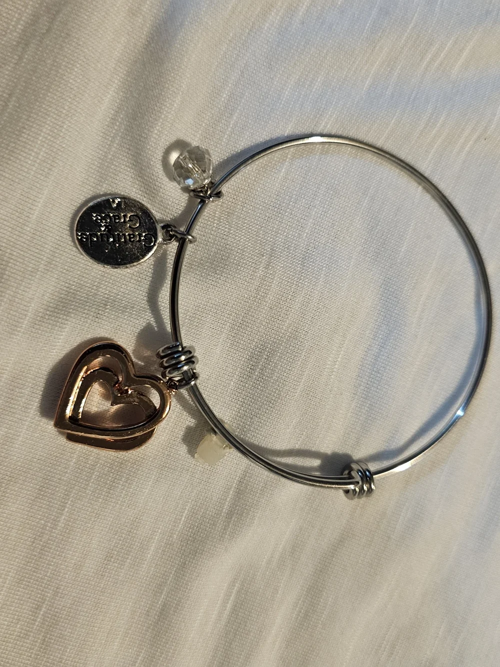 Two-Tone Heart Charm Bangle Bracelet - Silver Band with Rose Gold Heart
